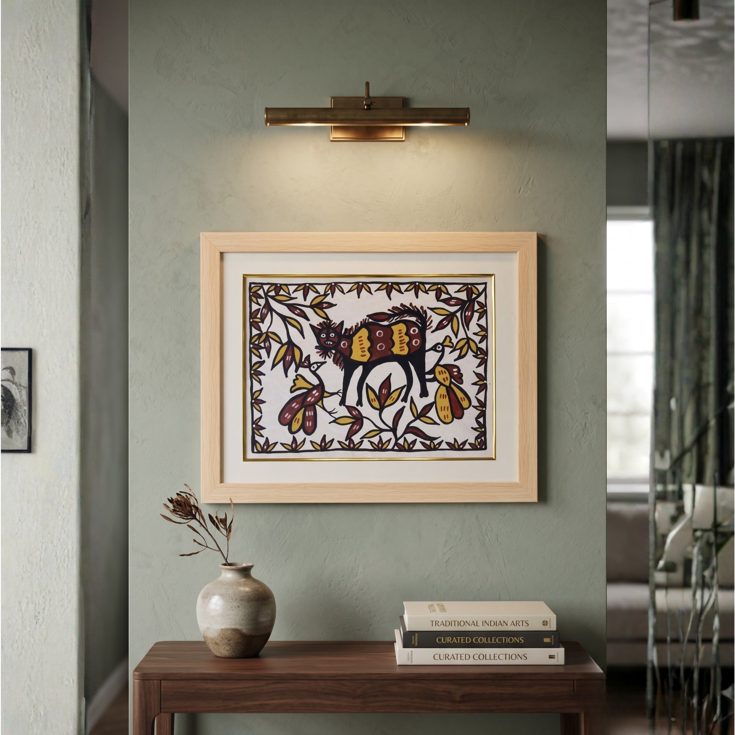 Handmade Sohrai Painting: Tiger and Peacock (Size: 15x19 Inches)