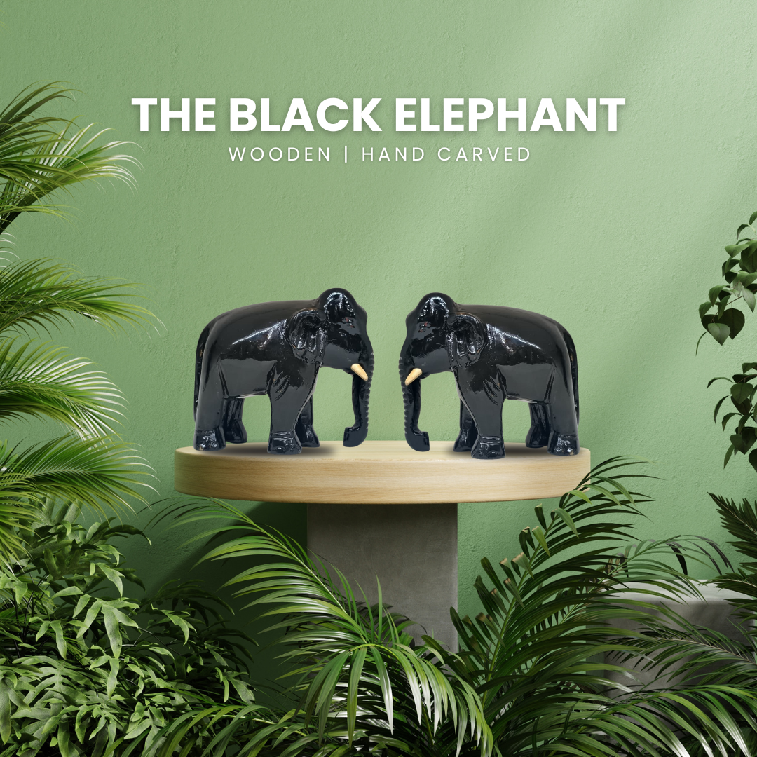 The Black Elephants | Hand-Carved Wooden Sculpture | 1 Set | 4x5 Inch