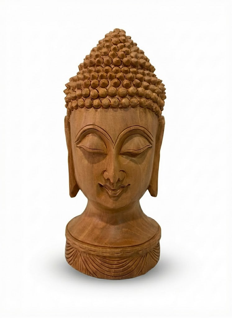 Hand-Carved Wooden Buddha Head Sculpture