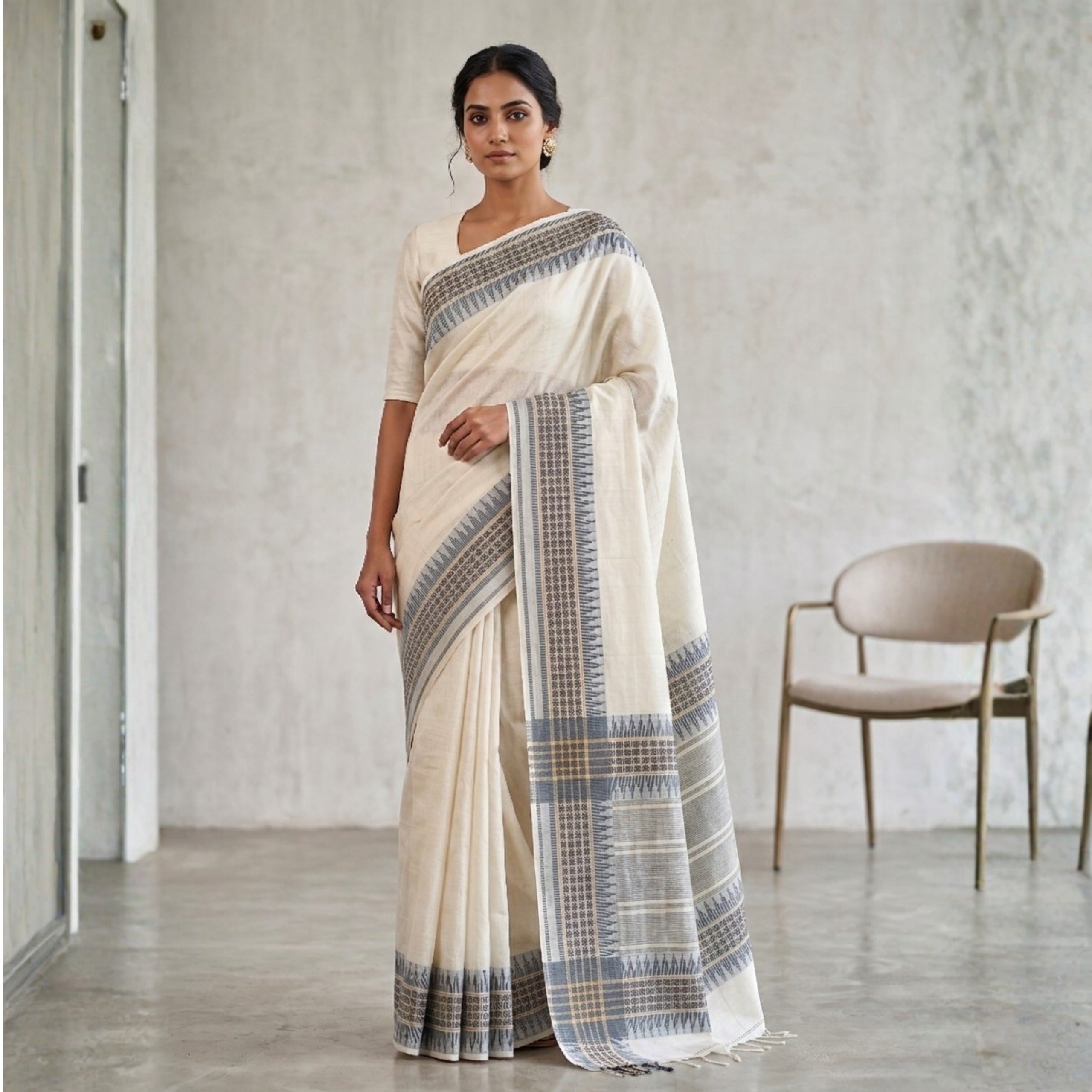 Elegant Tussar Silk Saree | Off white & Gray | Perfect for Every Occasion