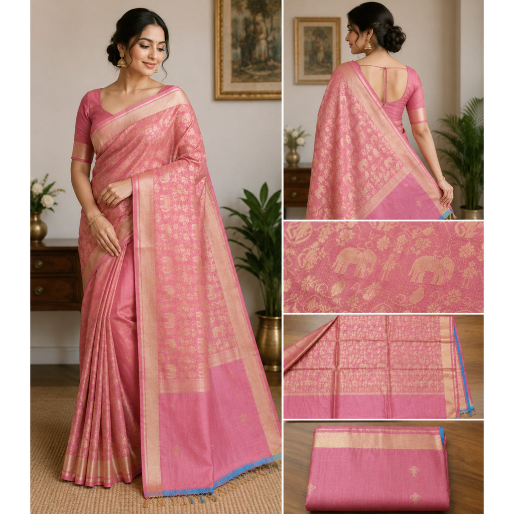 Elegant Tussar Silk Saree | Light Pink | Ethnic Zari Motifs, Perfect for Every Occasion