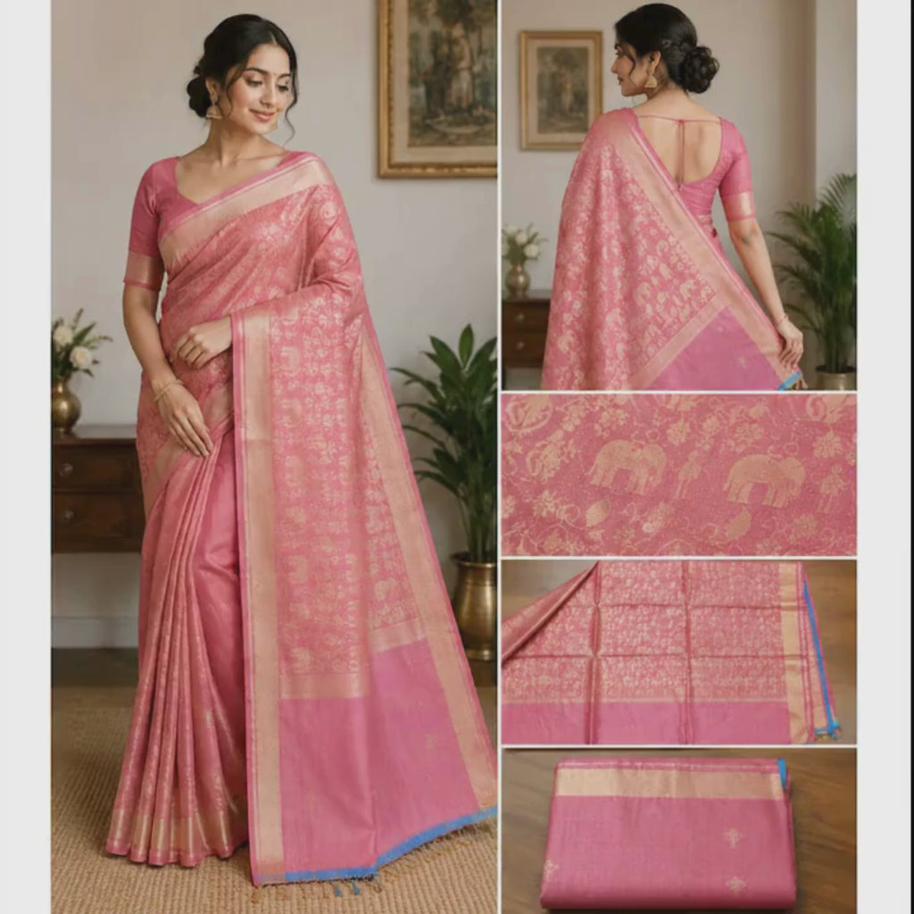 Elegant Tussar Silk Saree | Light Pink | Ethnic Zari Motifs, Perfect for Every Occasion