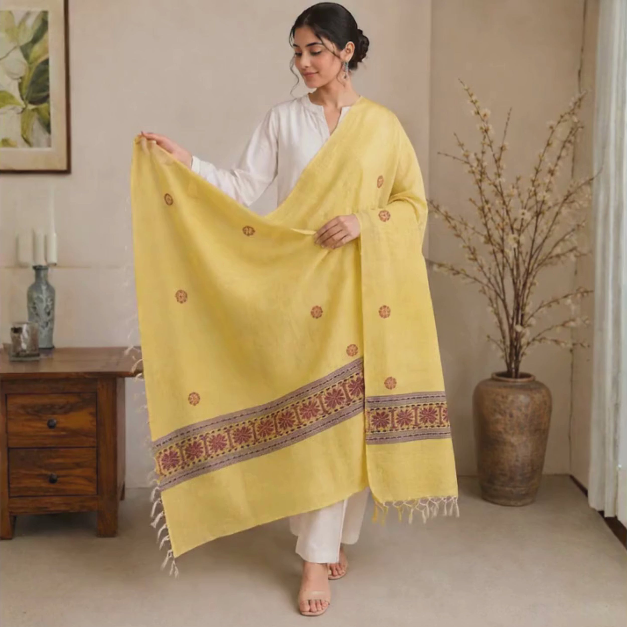 Blueart Tussar Silk Shawl Yellow3
