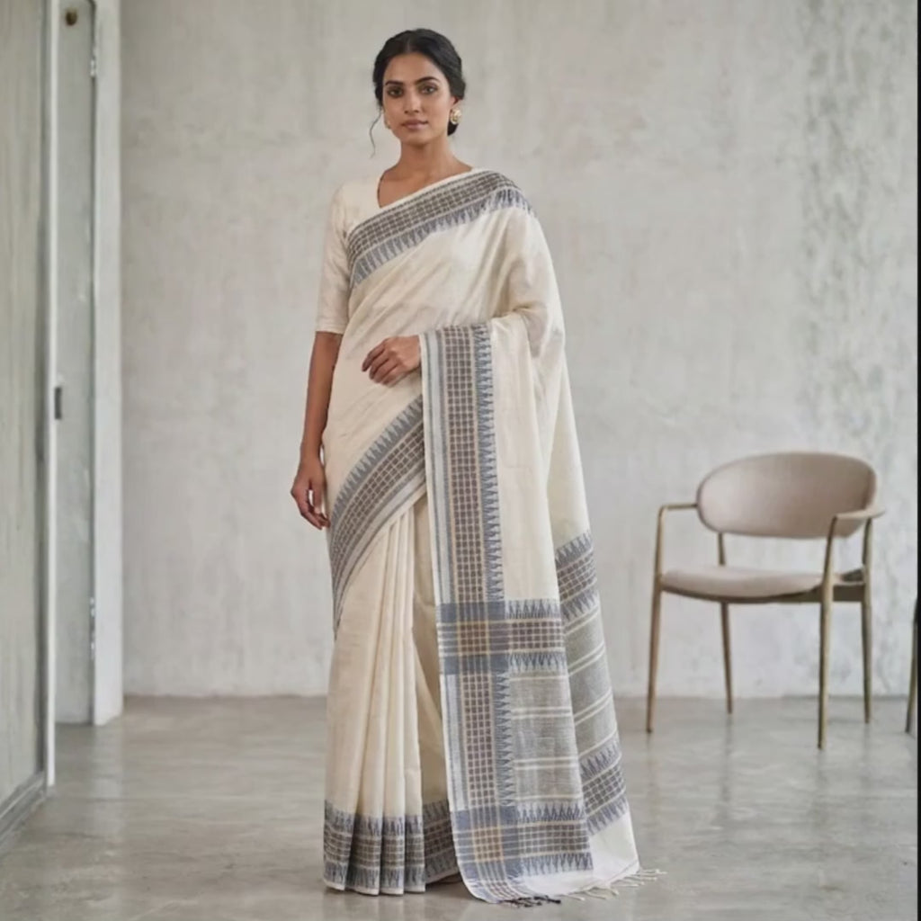 Elegant Tussar Silk Saree | Off white & Gray | Perfect for Every Occasion